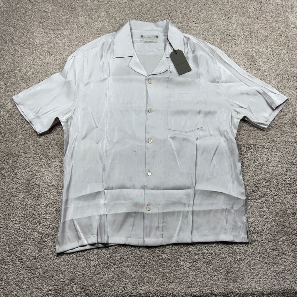 AllSaints Duran Moon Mist Silver Relaxed Fit SS Satin Camp‎ Collar Shirt XL